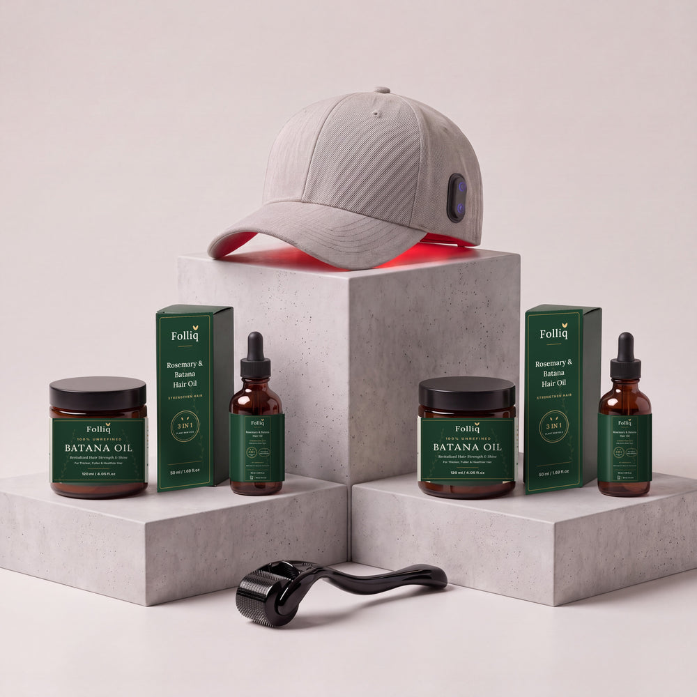 Set Completo Folliq: gorra de luz roja, 2 aceites capilares de romero y batana, 2 aceites de batana y un derma roller