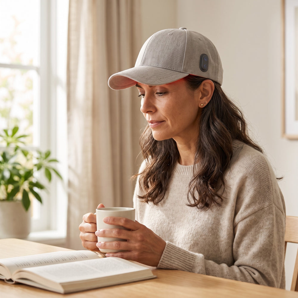 Mujer con la gorra de luz roja Folliq tomando un café en casa