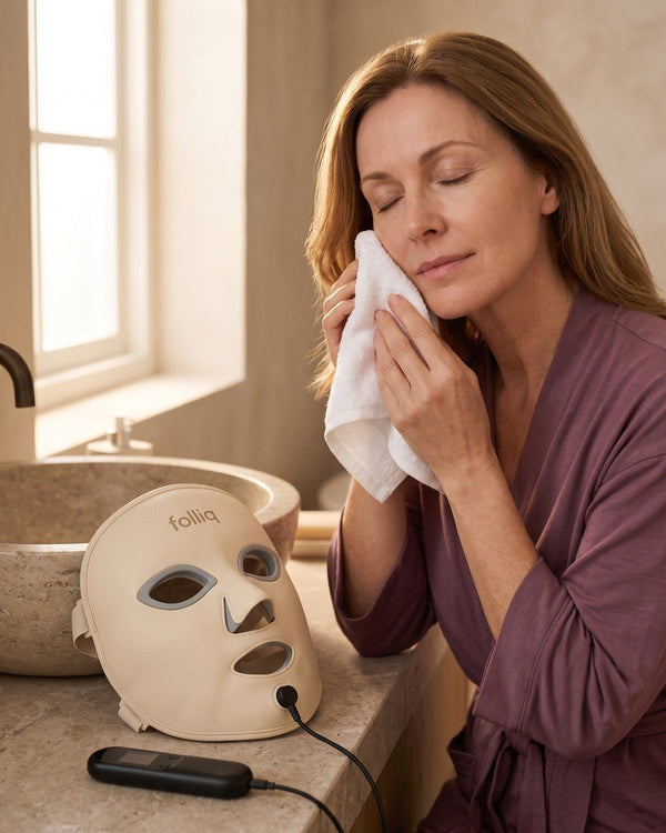 Woman patting her clean face dry before a session