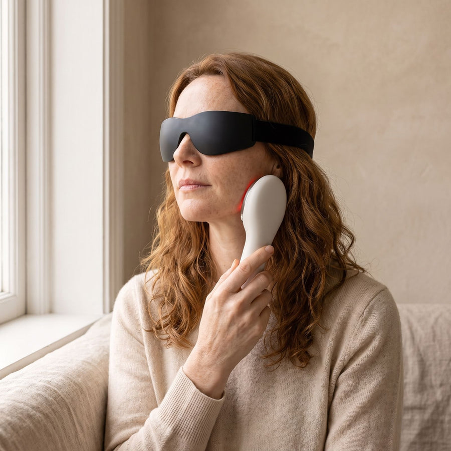 Mujer desliza la Folliq LED Face Wand por la línea de la mandíbula, luz roja encendida, gafas puestas