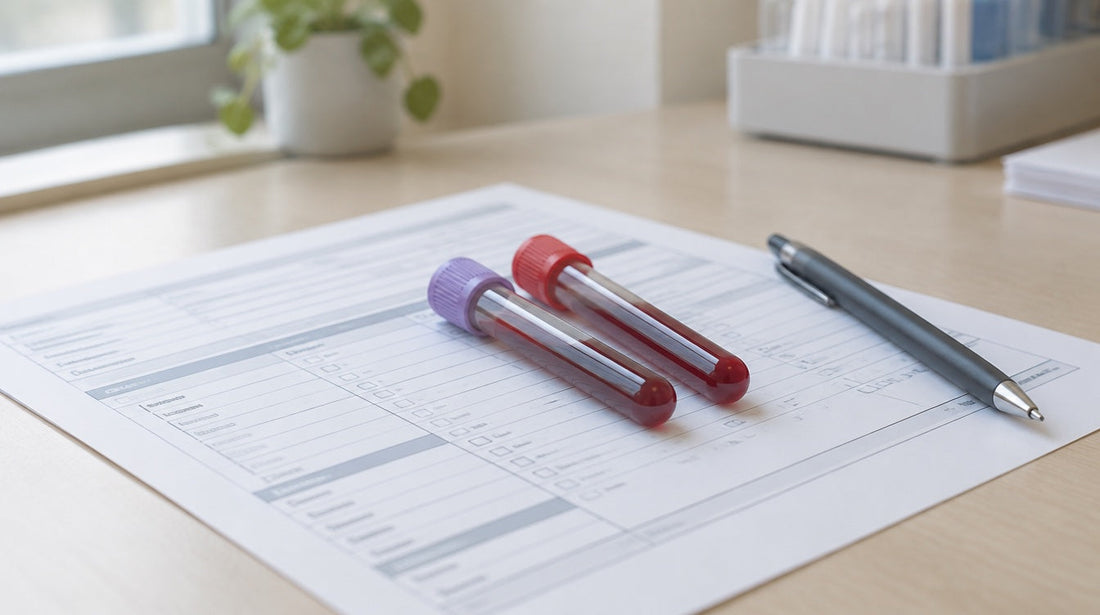 Two blood collection tubes resting on a printed laboratory request form with a pen