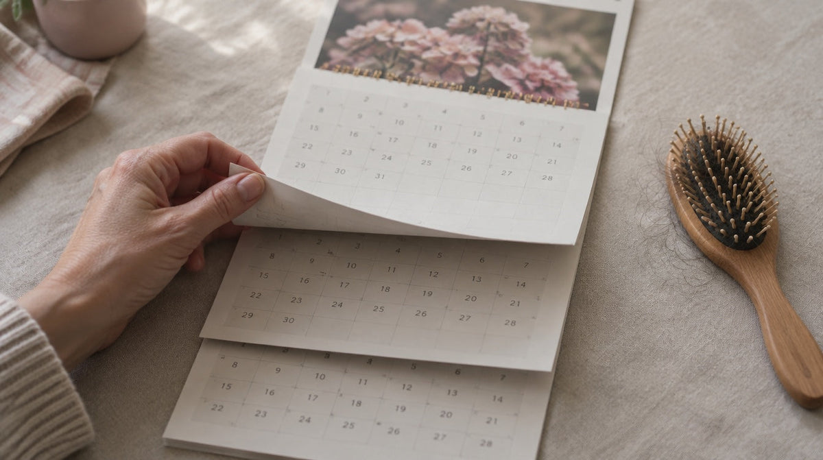 A hand turning a calendar back two months, next to a hairbrush holding loose hairs