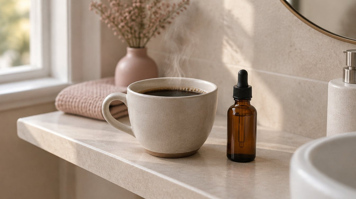 A cup of black coffee next to a small amber dropper bottle on a bathroom shelf