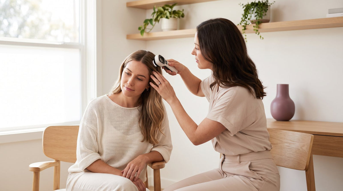 Dermatologist examining a woman's hair parting with a handheld dermatoscope