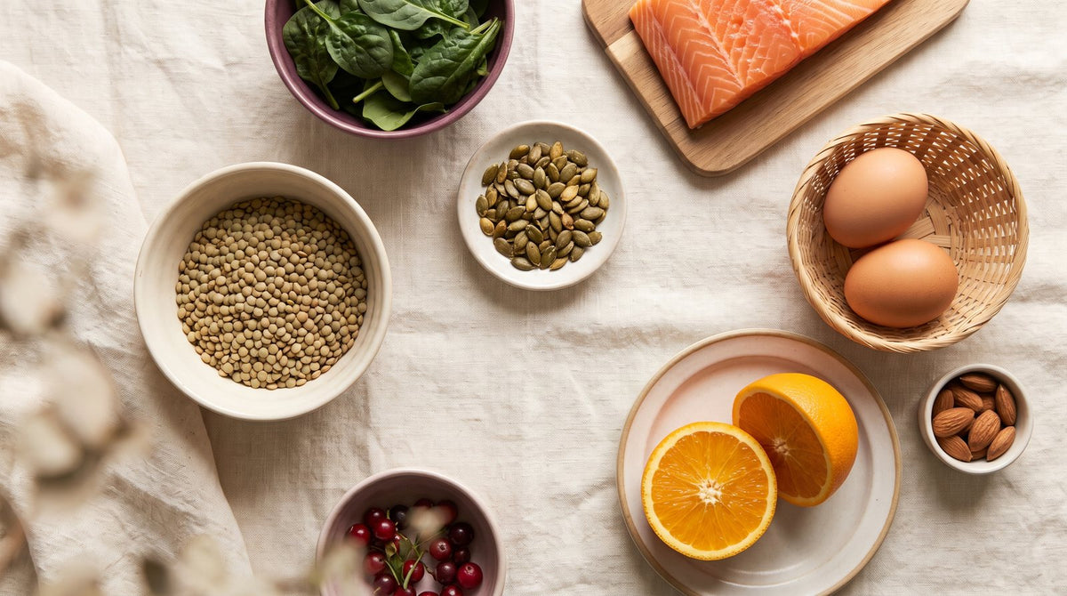Flat lay of iron- and protein-rich foods: lentils, spinach, salmon, eggs, pumpkin seeds and almonds