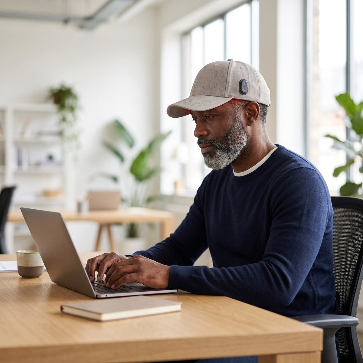 Man in his fifties wearing a red light cap while working on a laptop