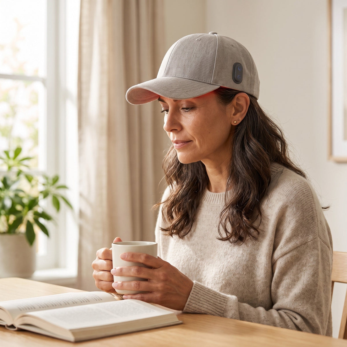 Woman wearing a soft red light cap while reading at home with a coffee