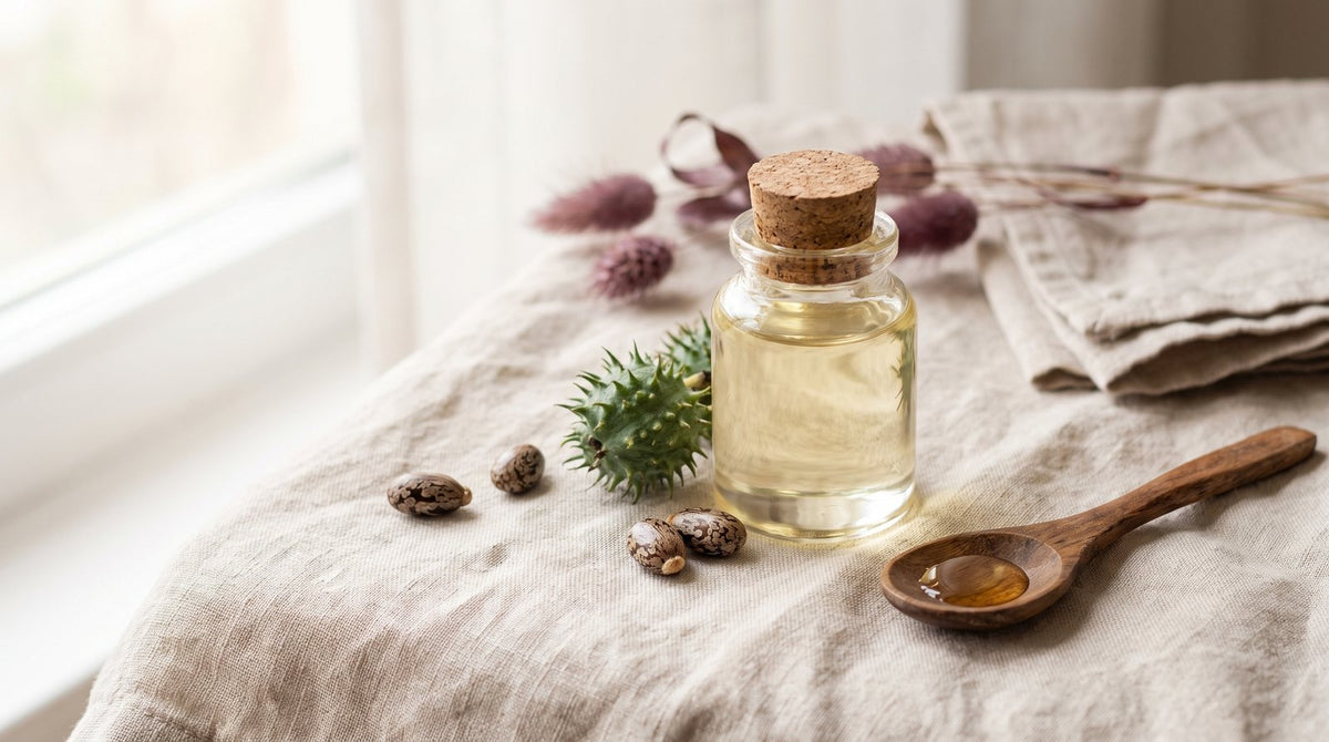 Glass bottle of castor oil with castor beans and a seed pod on linen