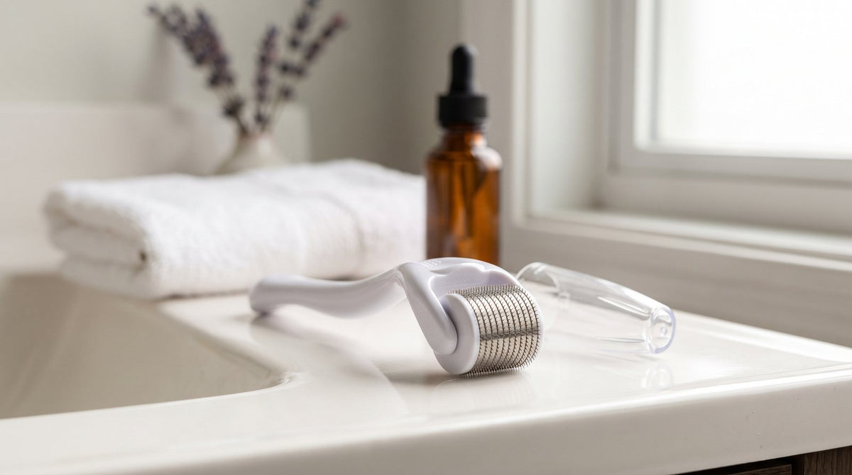 Handheld scalp derma roller with fine titanium micro-needles beside its protective cap and a folded towel