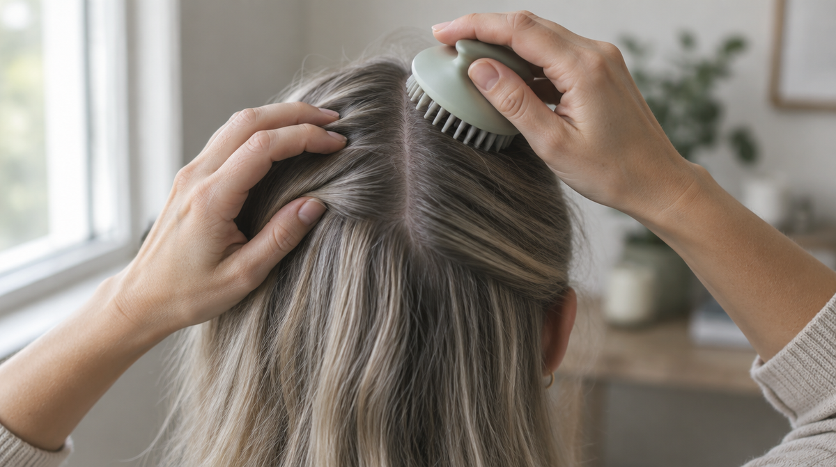 Two hands working a bristled scalp massager along a hair parting, seen from behind