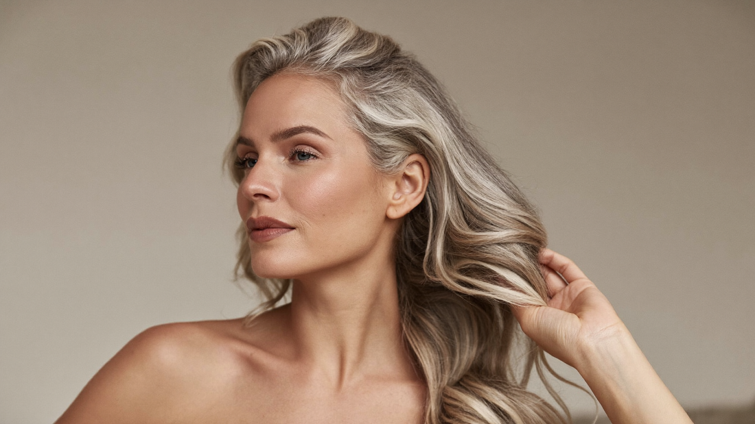 Woman in her 50s gently running her fingers through healthy, silver-blonde hair
