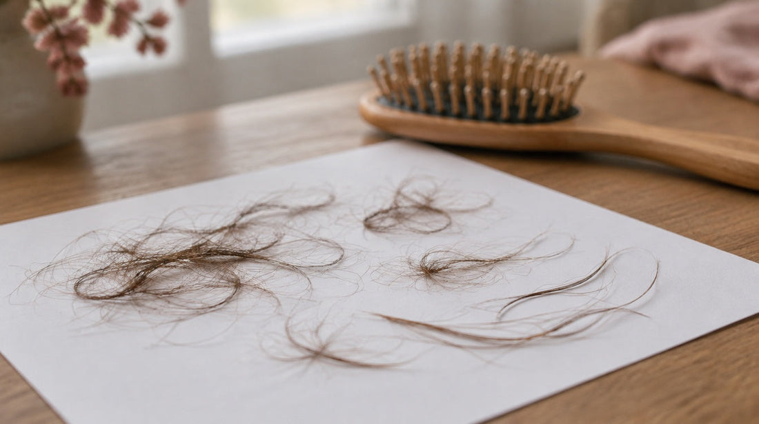 Loose strands of hair spread on white paper to be counted, hairbrush behind