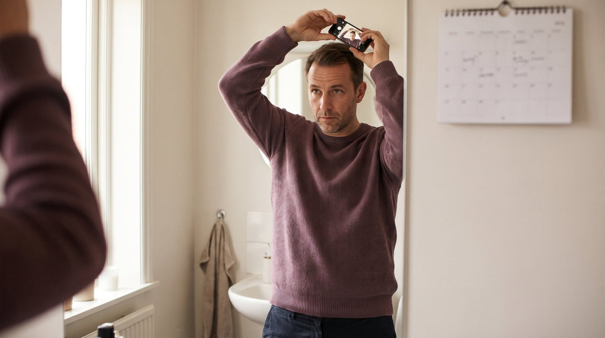 Man in his 40s photographing the crown of his head with a smartphone to track progress