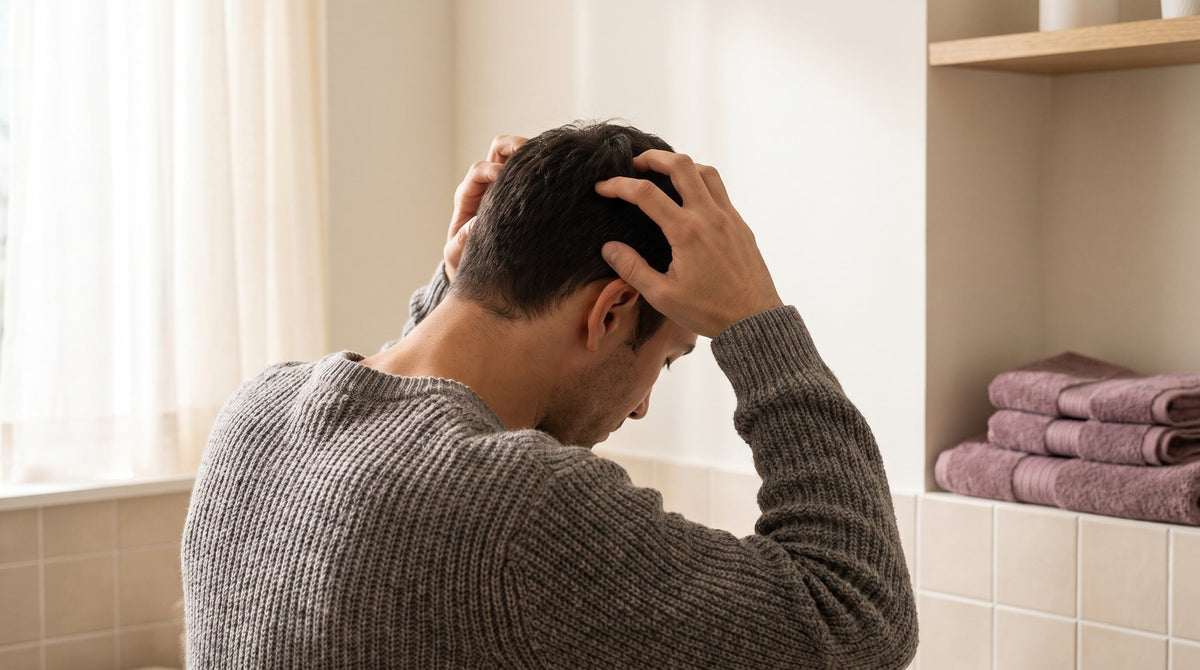 Man massaging his scalp with his fingertips in soft daylight