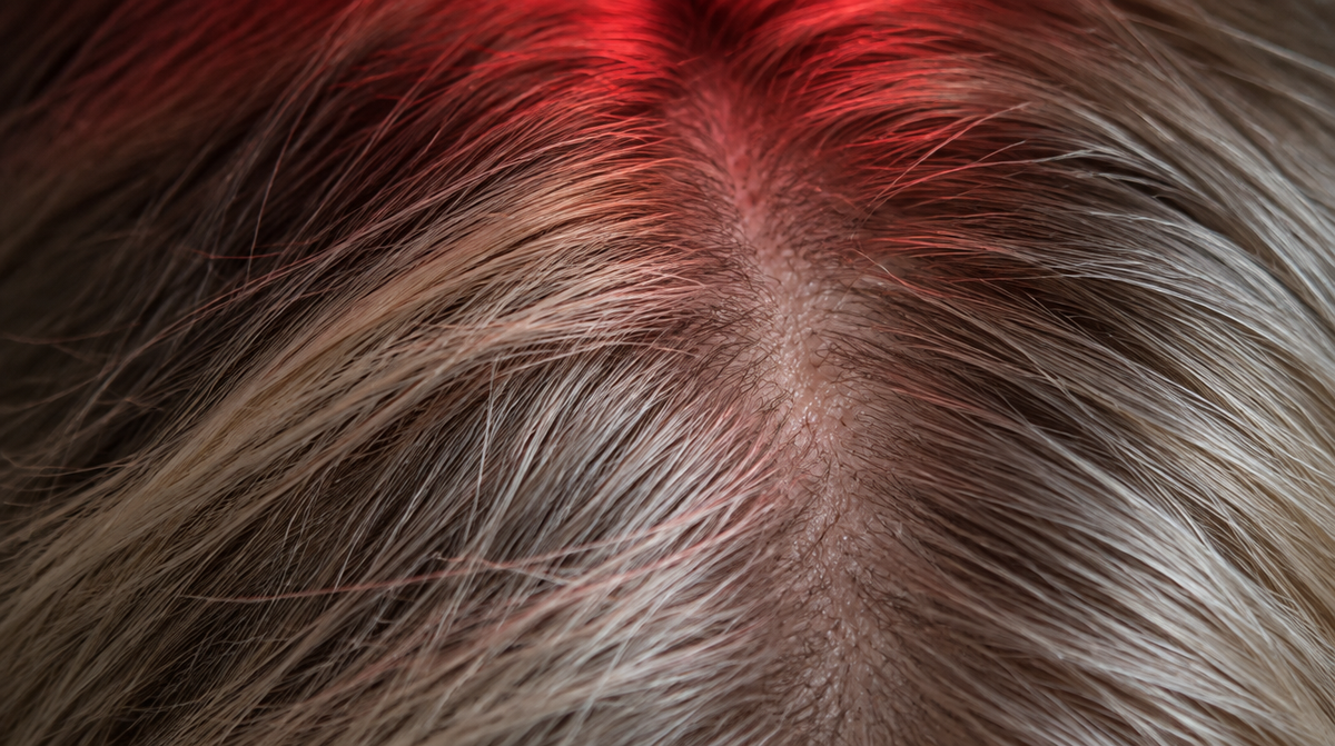 Close-up of a scalp parting lit by soft red light, individual hairs visible