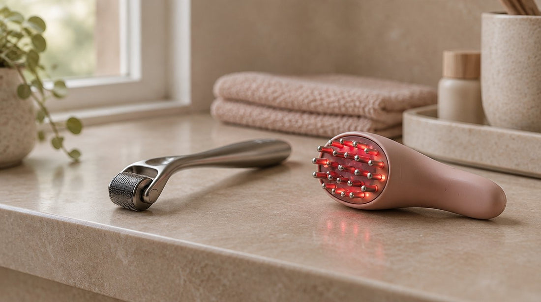 A titanium derma roller and a red-light scalp device placed side by side on a bathroom shelf