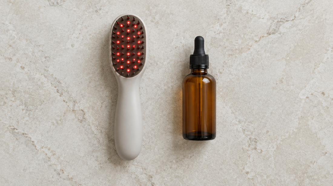 A red-light scalp device and an unlabelled dropper bottle placed side by side
