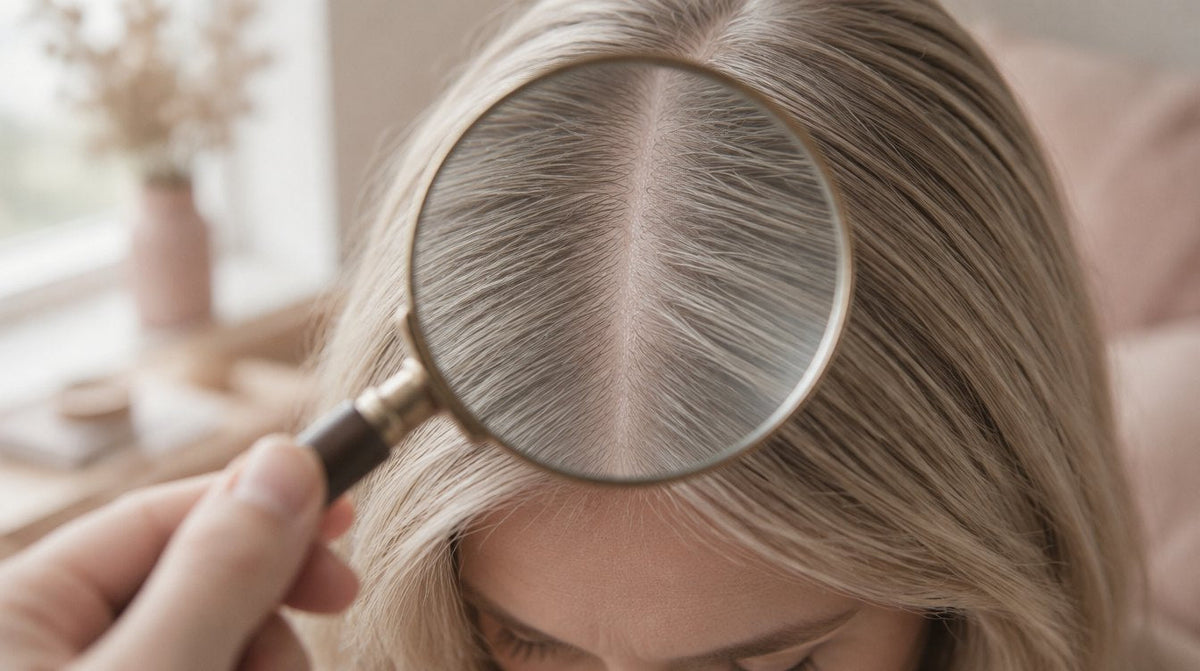 A magnifying glass held over a clean hair parting to observe the scalp closely