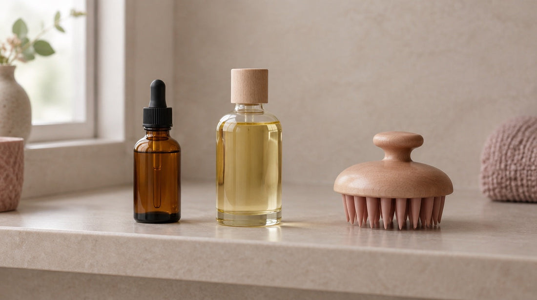 An amber dropper bottle, an oil bottle and a scalp brush arranged on a bathroom shelf