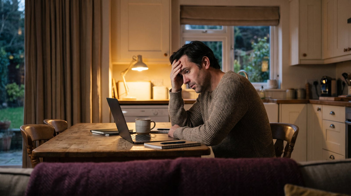 Tired man at a kitchen table in the evening with a hand on his forehead, laptop open beside him