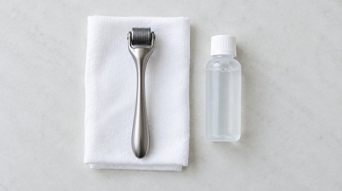 A titanium derma roller on a folded white cloth beside a small bottle of alcohol