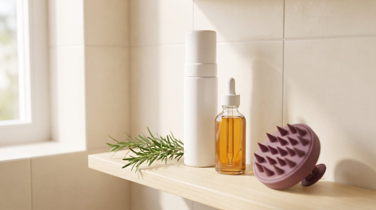 Unlabeled foam canister and dropper bottle beside fresh rosemary and a silicone scalp brush