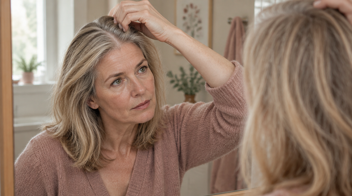 A woman lifting her hair at a bathroom mirror to examine the parting at her crown
