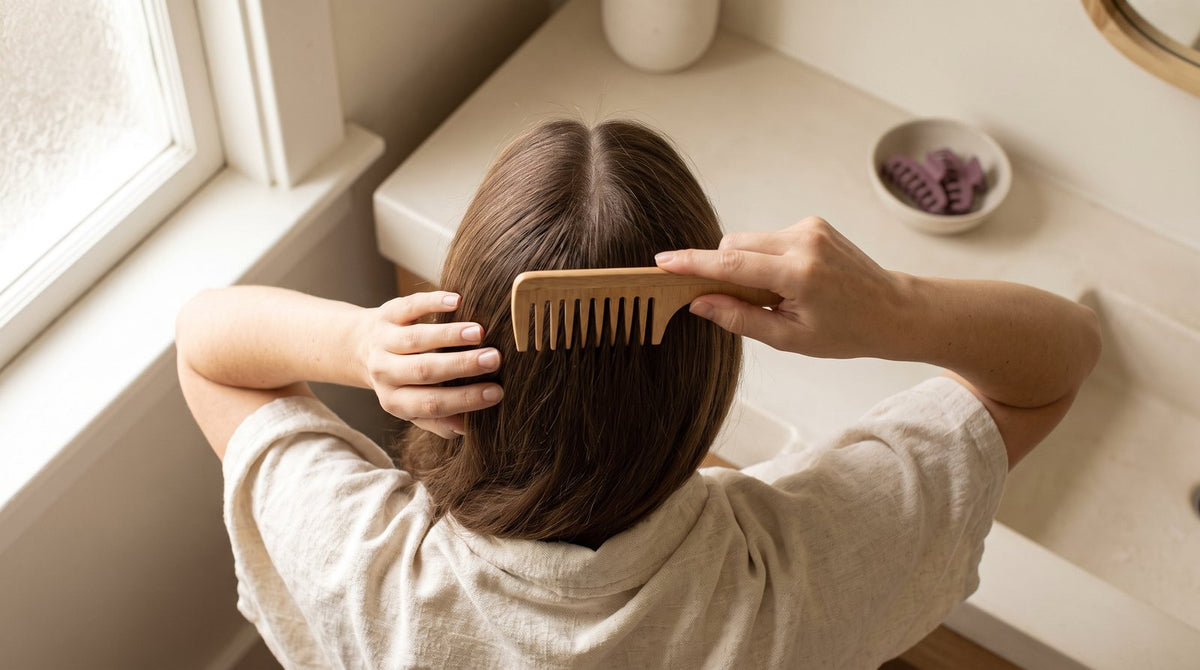 Woman parting her hair down the center with a wooden comb in soft daylight