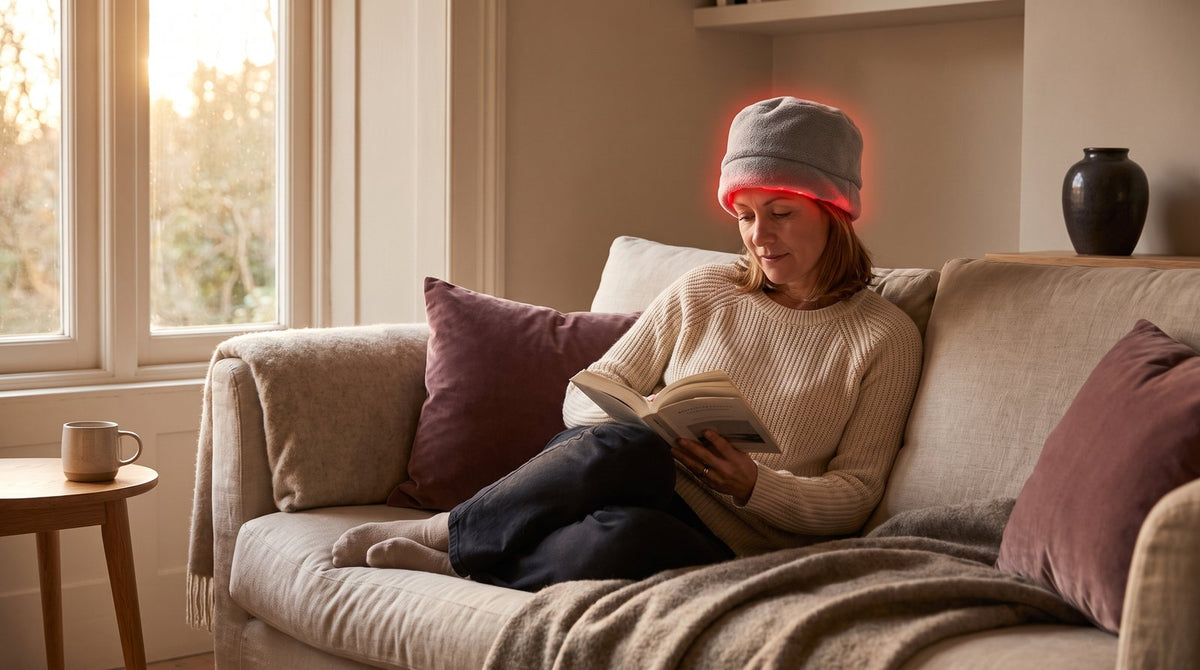 Woman relaxing on a sofa with a book while wearing a soft red-light cap