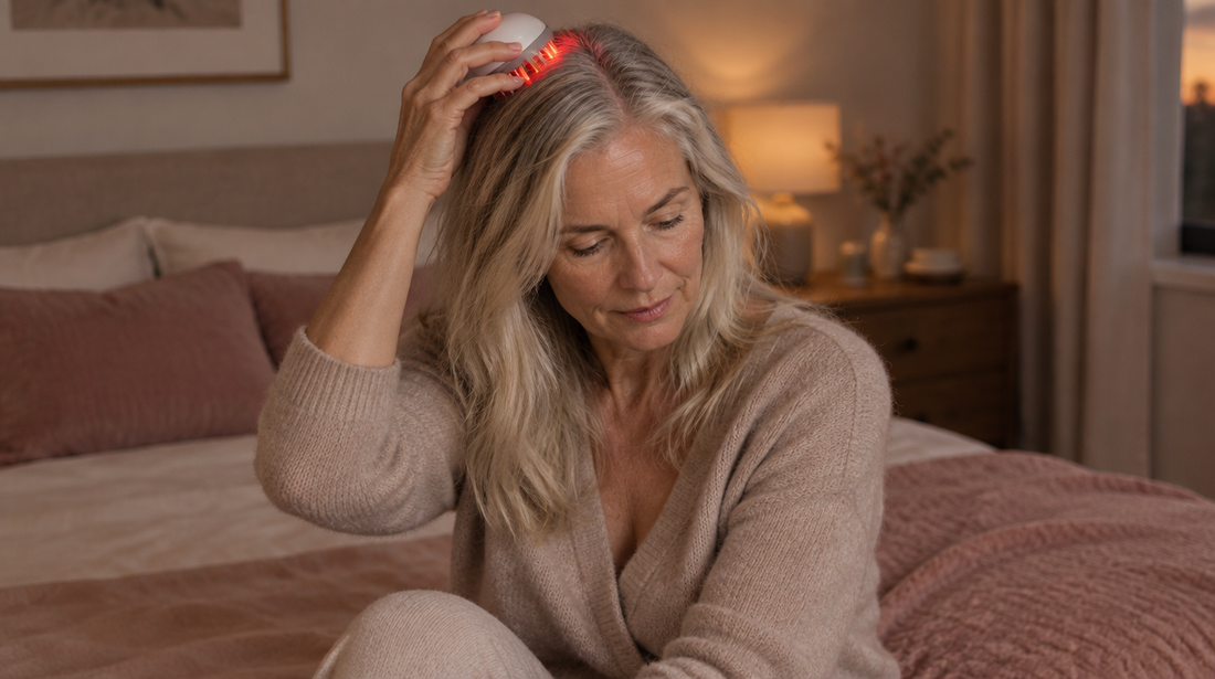 A woman holding a red-glowing scalp device against the top of her head at home
