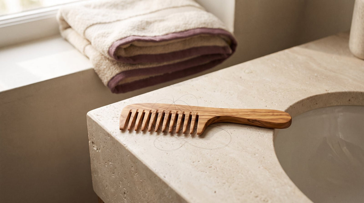 Wooden comb holding a few shed hairs on a bathroom counter