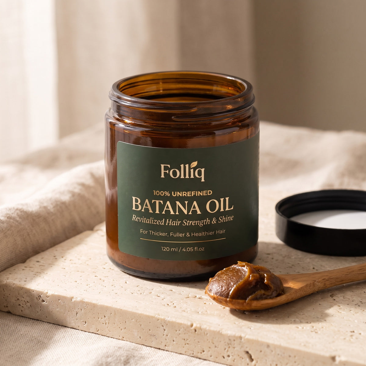 Open jar of Folliq 100% Unrefined Batana Oil with a wooden spoon of batana paste