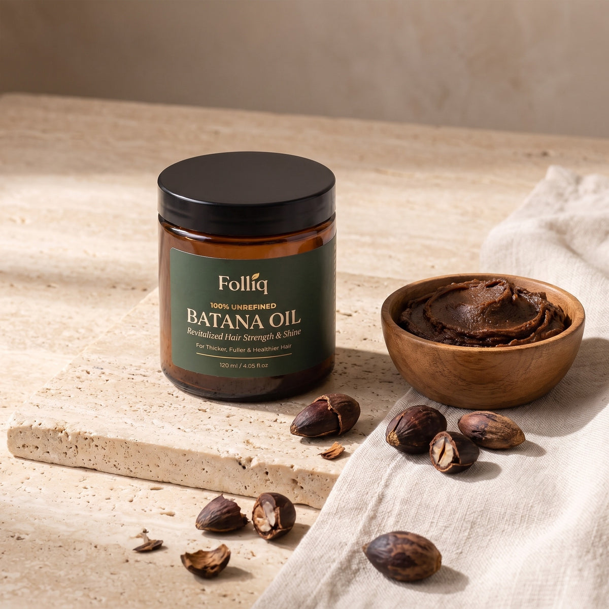 Folliq 100% Unrefined Batana Oil jar with batana kernels and a bowl of batana paste