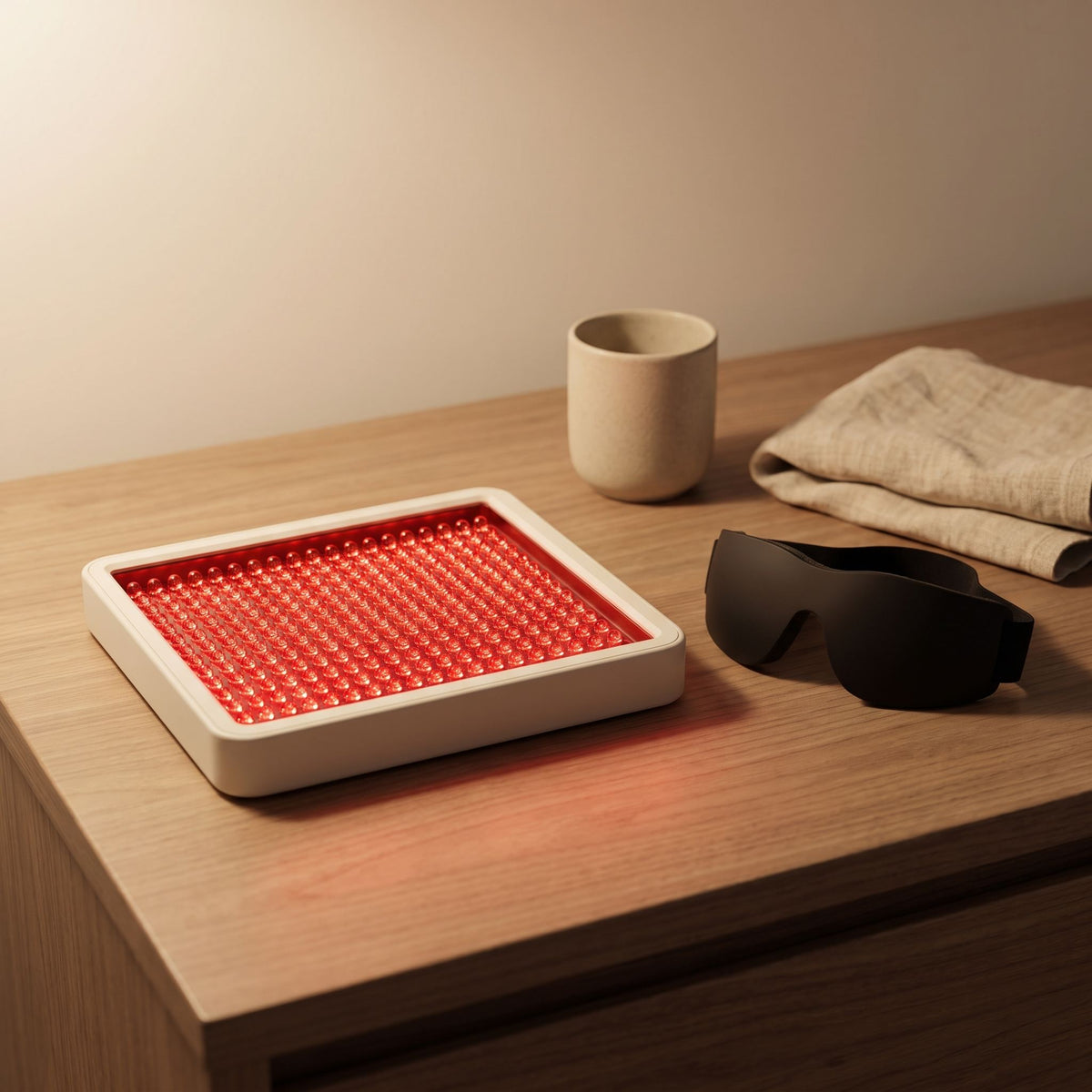 Folliq Portable Face Panel on a bedside table with its goggles, ready for a session