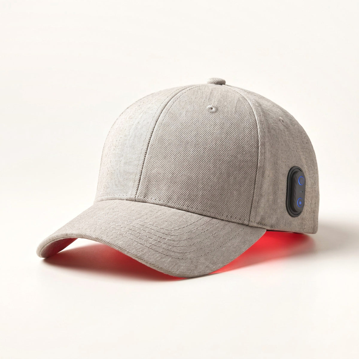 Gorra de luz roja Folliq inalámbrica de sarga gris piedra con un suave brillo rojo bajo la visera