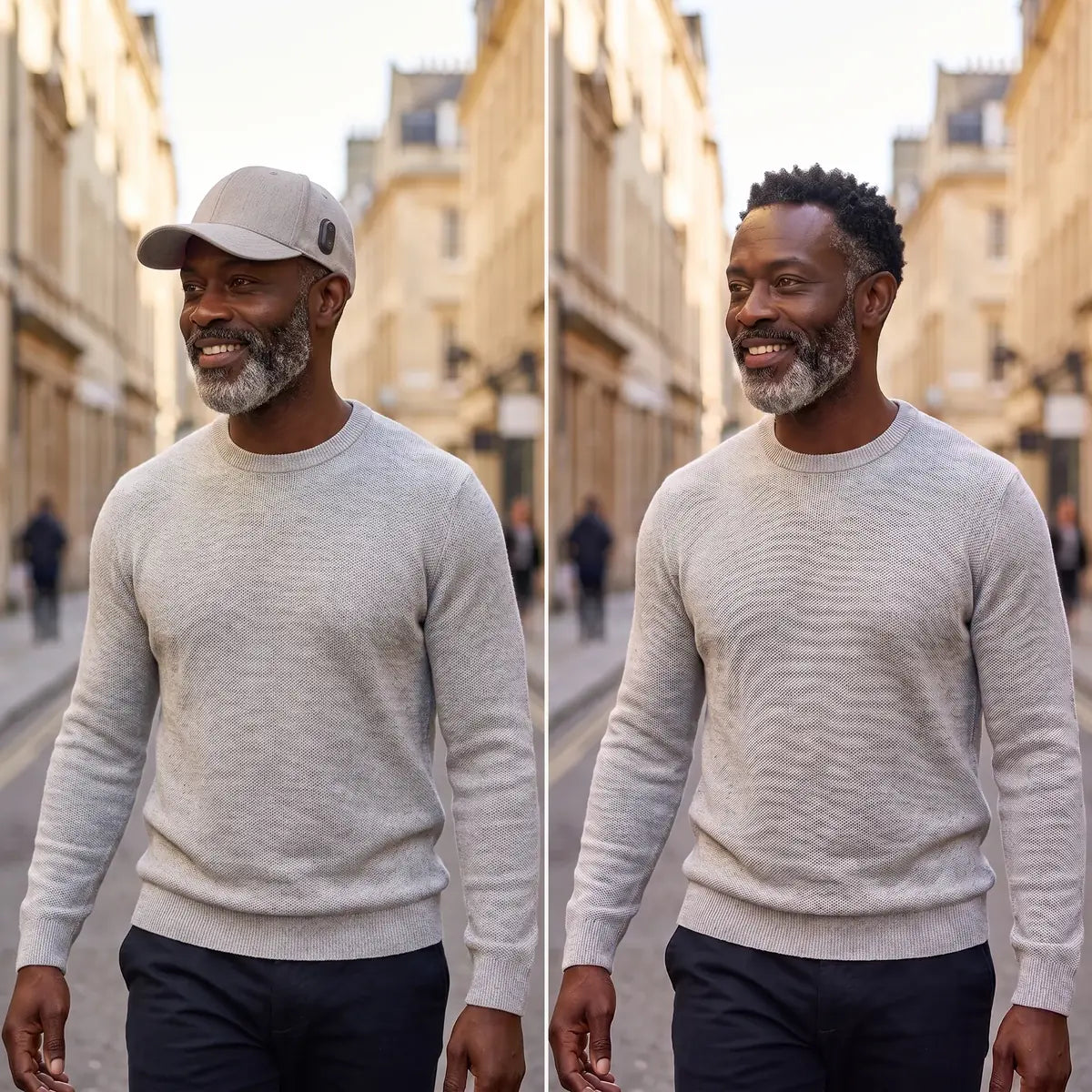 The same man on a city street, wearing the Folliq cap on the left and without a cap on the right