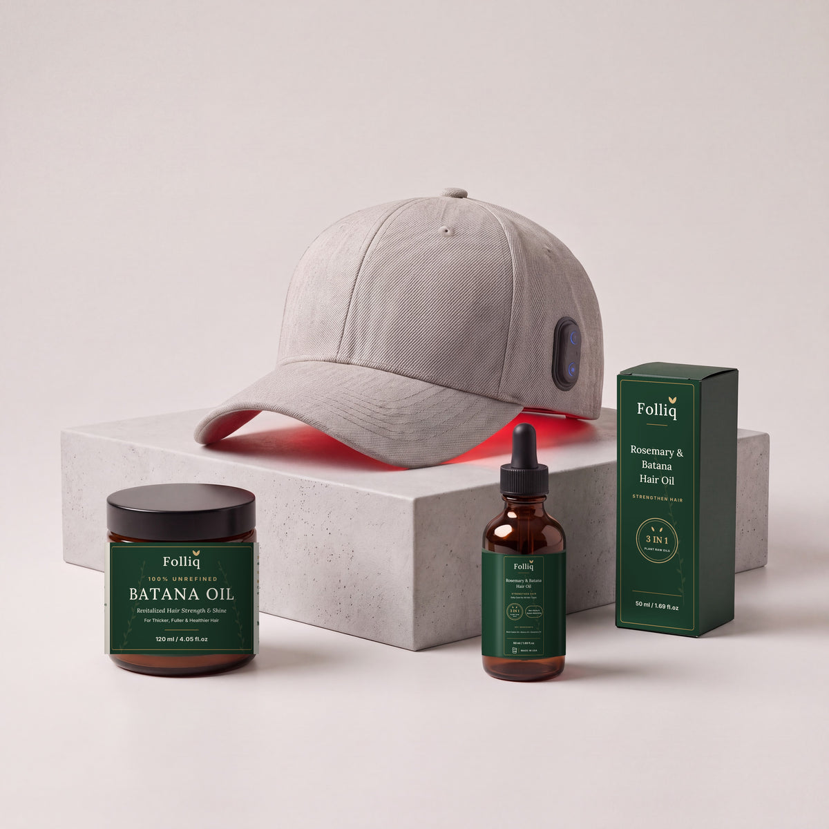 Set Ritual Folliq: gorra de luz roja, aceite capilar de romero y batana 50 ml y aceite de batana 100 % sin refinar 120 ml