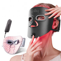 Folliq Red Light Therapy Face Mask in black, worn, with its controller