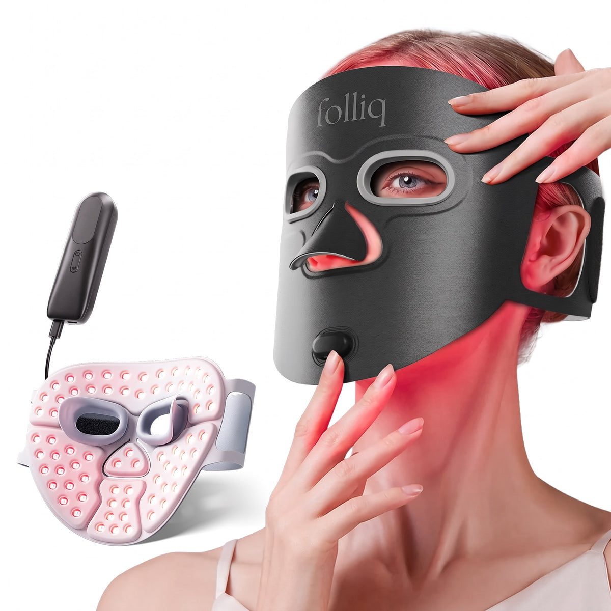 Folliq Red Light Therapy Face Mask in black, worn, with its controller