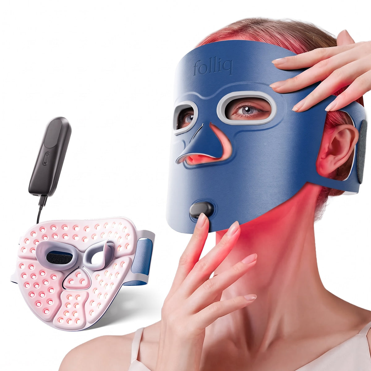 Folliq Red Light Therapy Face Mask in blue, worn, with its controller