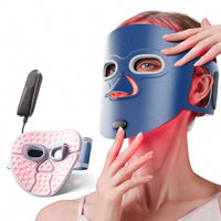 Folliq Red Light Therapy Face Mask in blue, worn, with its controller