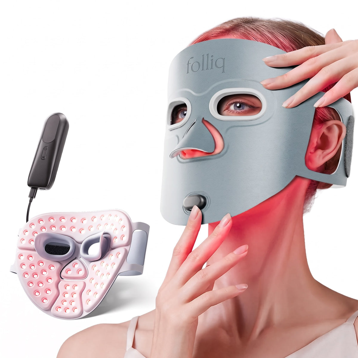 Folliq Red Light Therapy Face Mask in grey, worn, with its controller