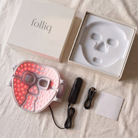 What is in the box: Folliq Red Light Therapy Face Mask, controller, USB-C cable and guide