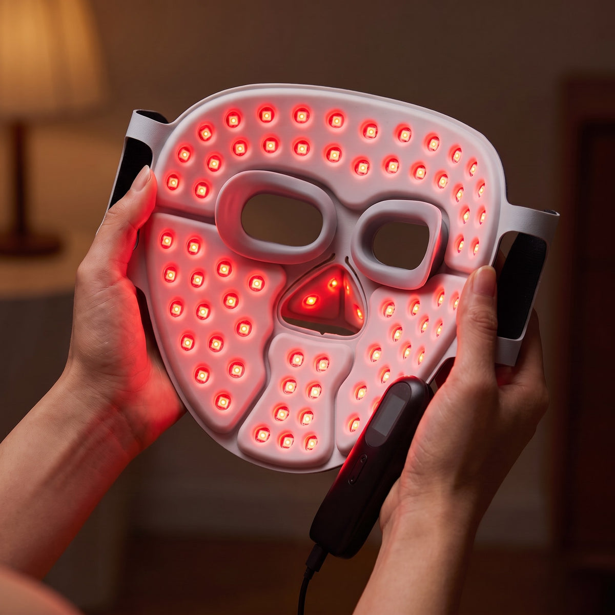 Inside of the Folliq Red Light Therapy Face Mask with its red LEDs on and the eye cups