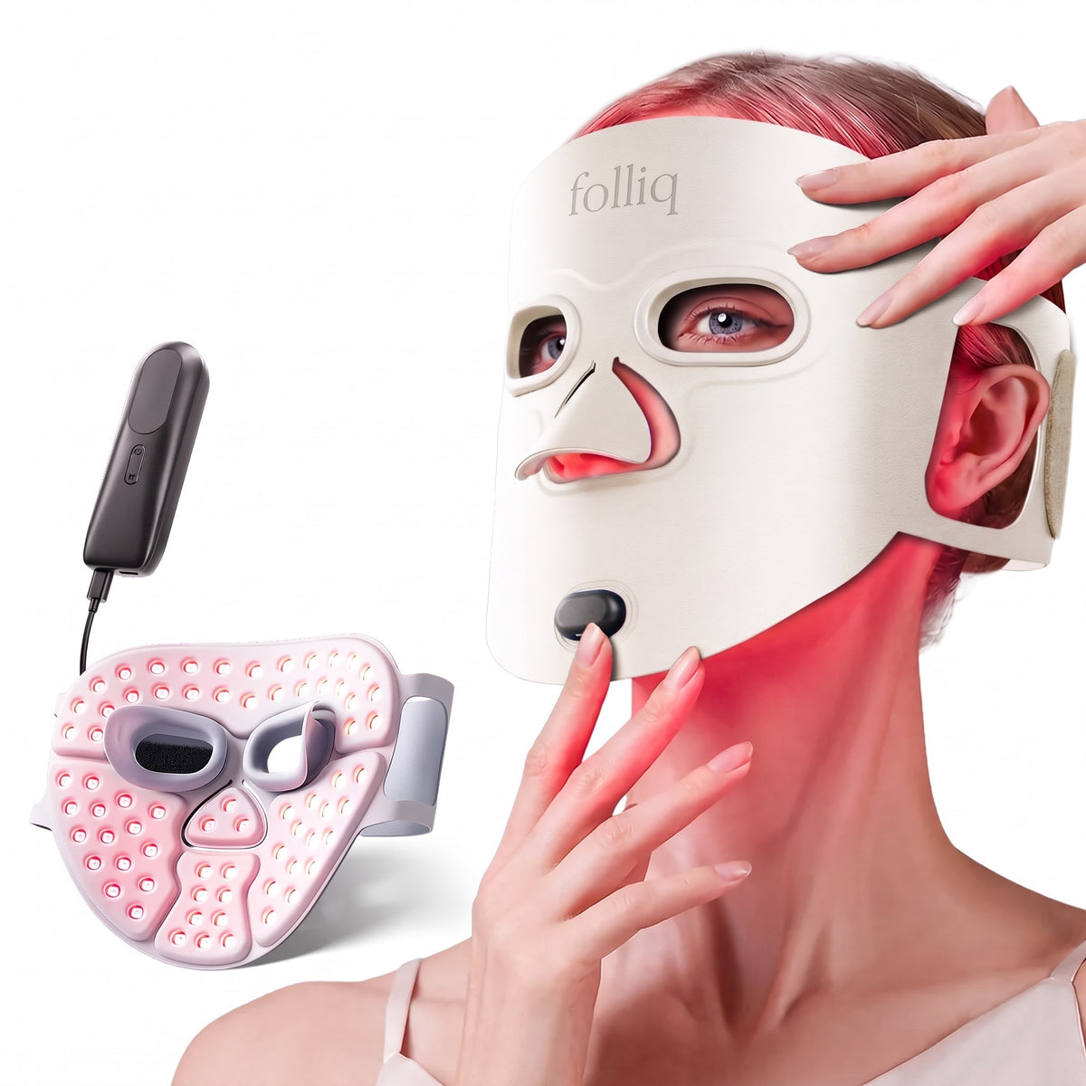 Woman wearing the Folliq Red Light Therapy Face Mask, with the lit inside of a second mask in front