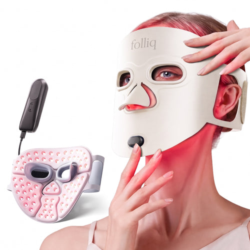 Woman wearing the Folliq Red Light Therapy Face Mask, with the lit inside of a second mask in front