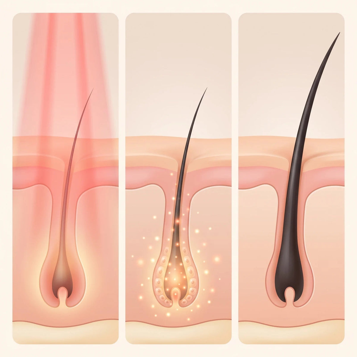 Three panels: red light reaching the scalp, the follicle getting energy, and a hair growing
