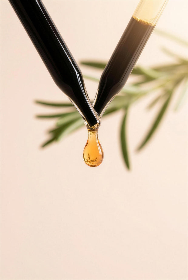 Amber glass dropper releasing a drop of Folliq Rosemary Hair Growth Serum against a warm cream background
