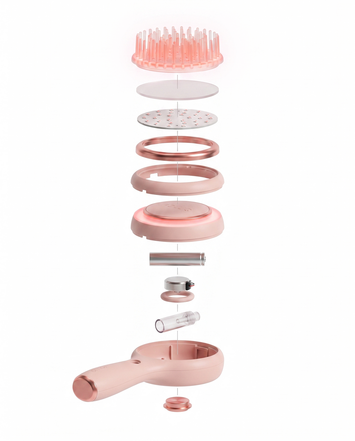 Exploded view of the Folliq massager showing the bristle head, LED ring, battery and handle as separate parts
