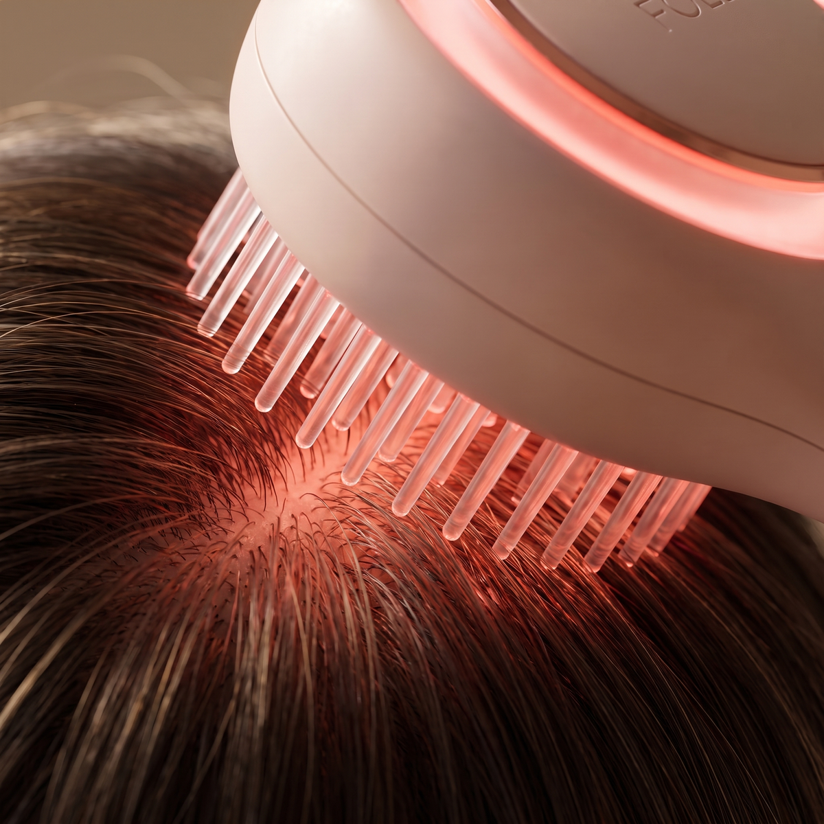 The massager's bristles parting dark hair, red light reaching the scalp between them